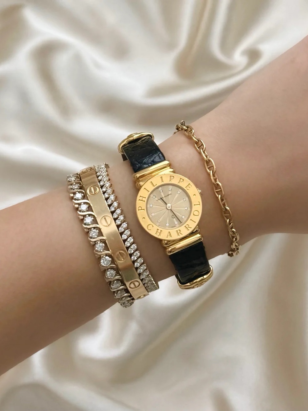 AUTHENTIC VINTAGE PHILIPPE CHARRIOL DIAMOND BLACK LEATHER WATCH